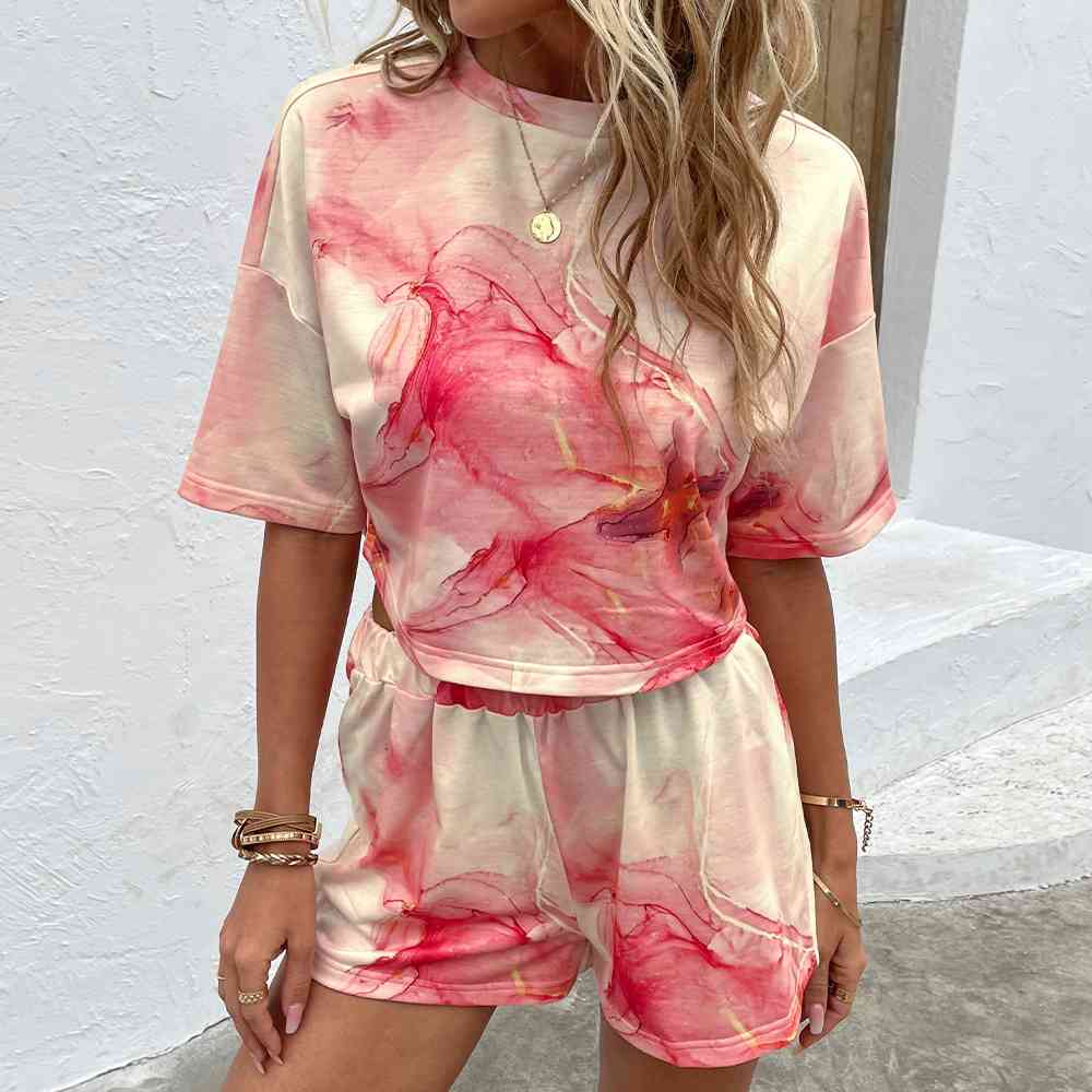 Printed Round Neck Dropped Shoulder Half Sleeve Top and Shorts Set