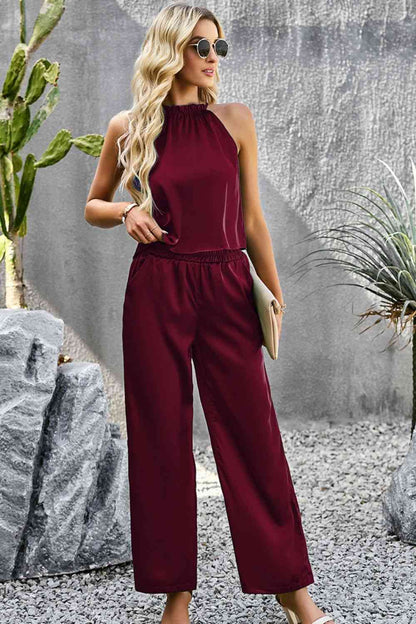 Grecian Neck Sleeveless Pocketed Top and Pants Set