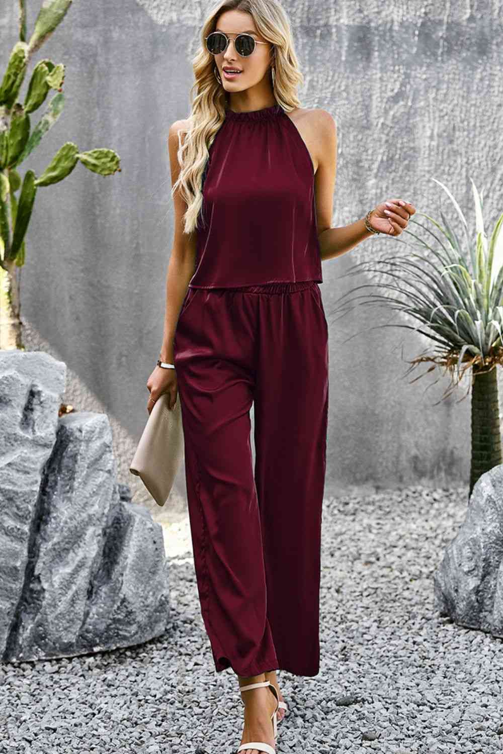 Grecian Neck Sleeveless Pocketed Top and Pants Set